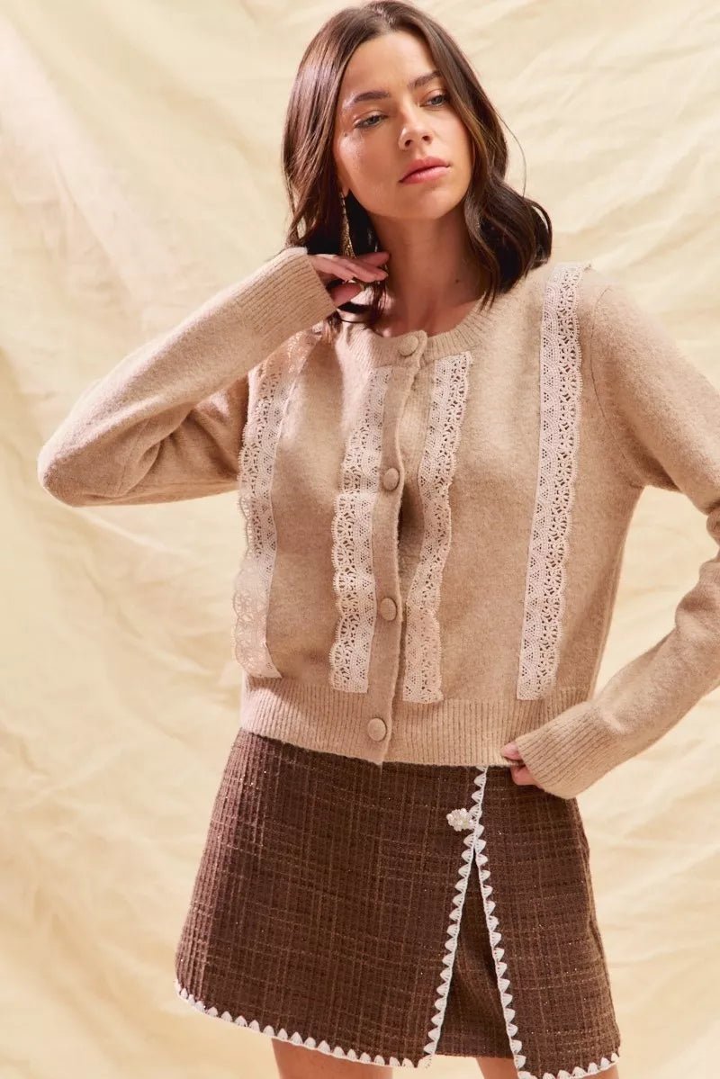 SO ME Front Lace Trim Button Cardigan Sweater - Wow Store