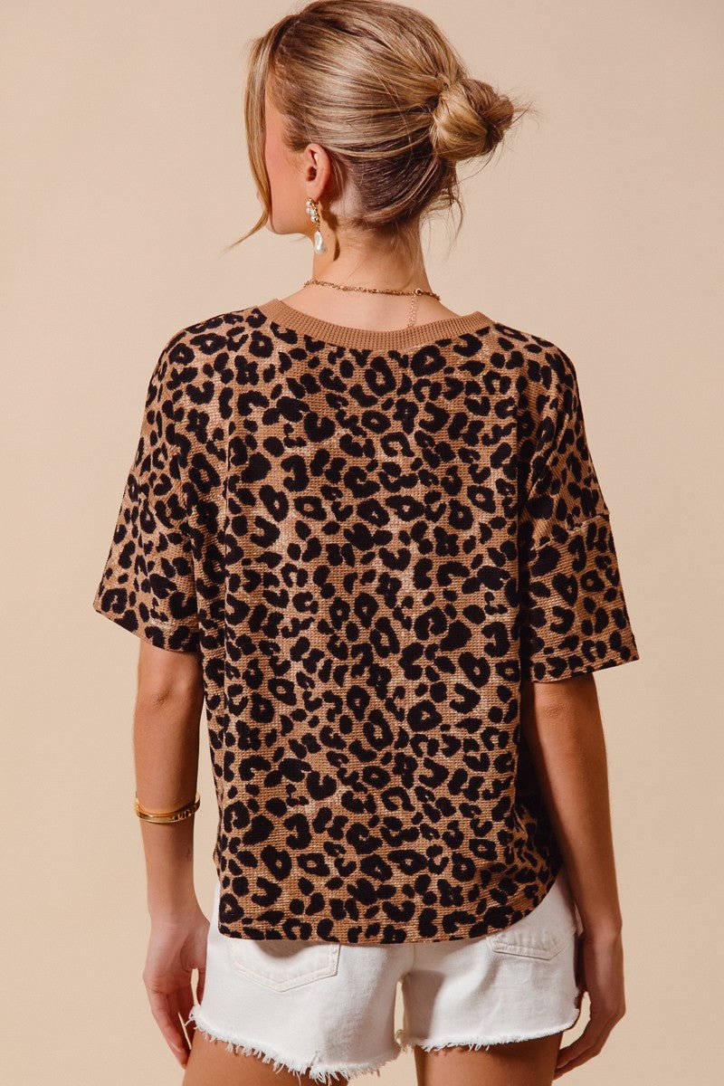 SO ME Leopard Thermal Waffle Knit Loose Fit Top - Wow Store