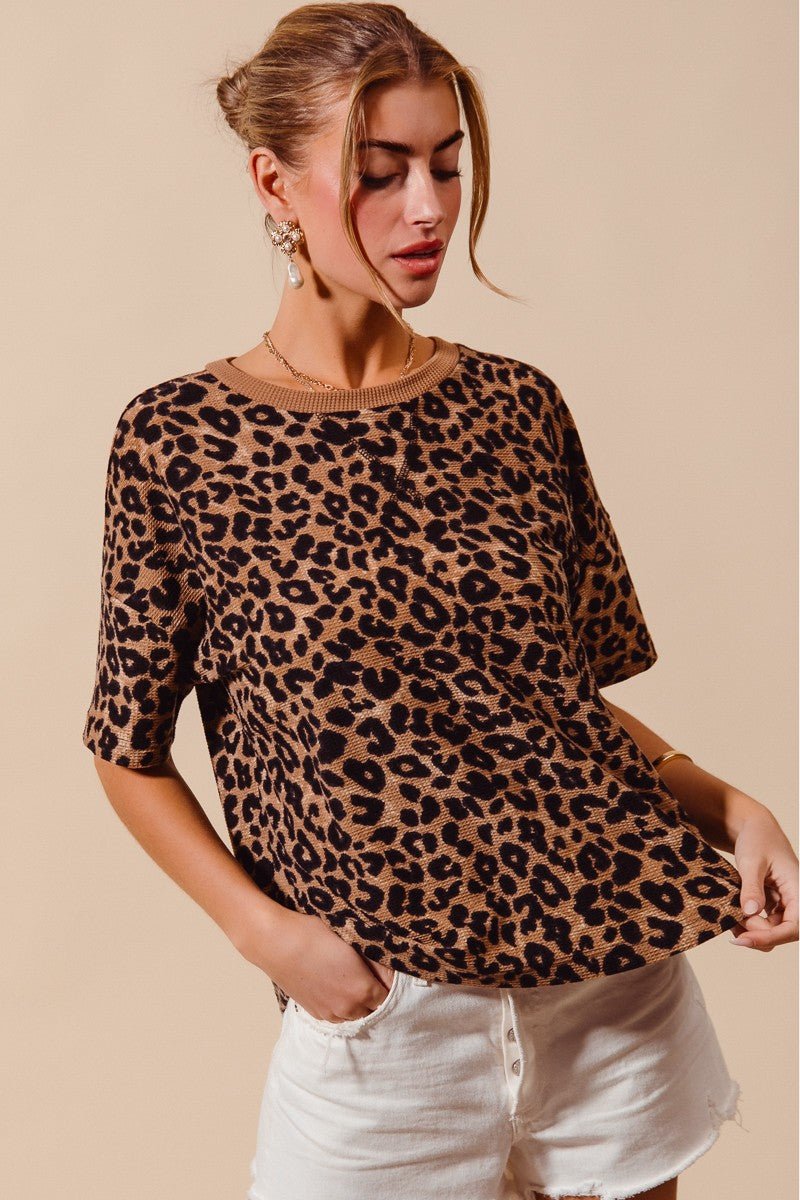 SO ME Leopard Thermal Waffle Knit Loose Fit Top - Wow Store