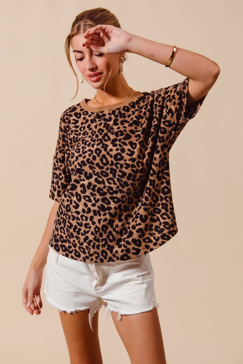 SO ME Leopard Thermal Waffle Knit Loose Fit Top - Wow Store
