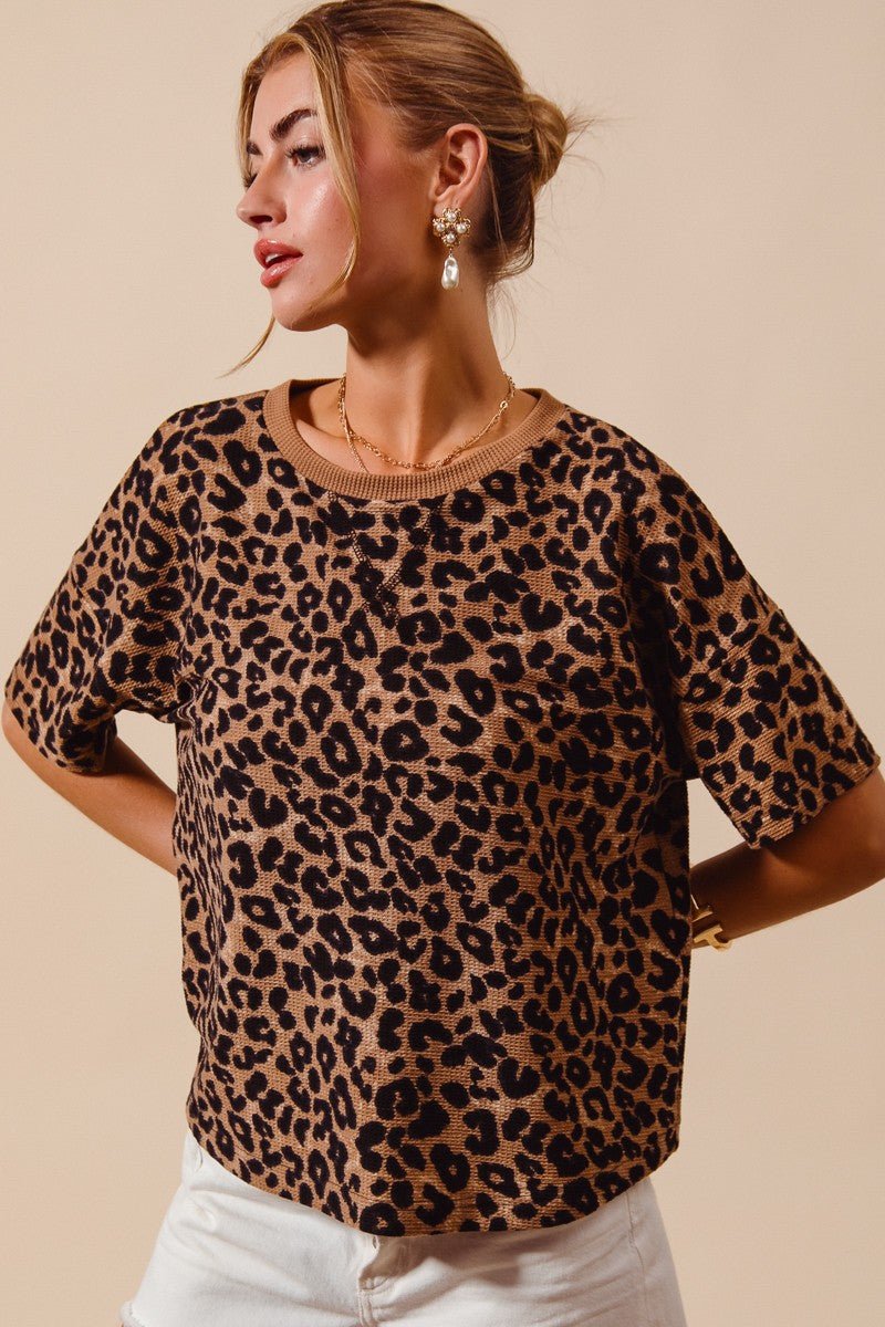 SO ME Leopard Thermal Waffle Knit Loose Fit Top - Wow Store