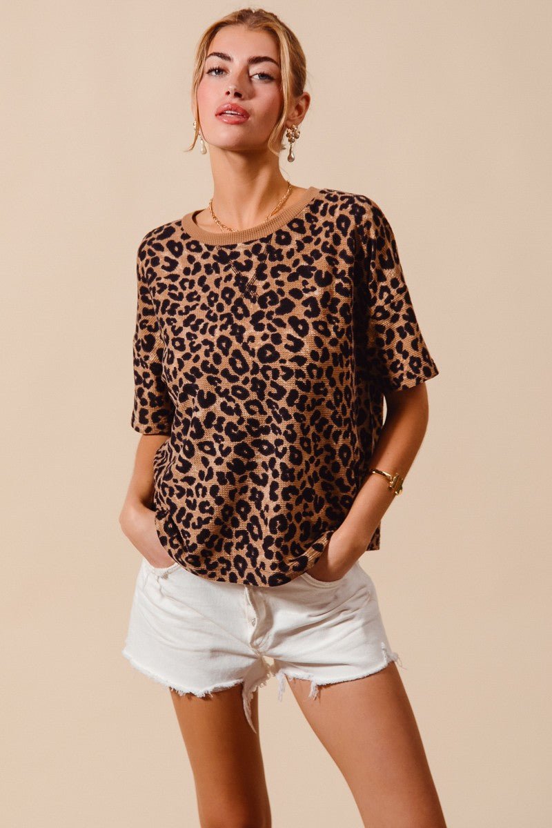 SO ME Leopard Thermal Waffle Knit Loose Fit Top - Wow Store