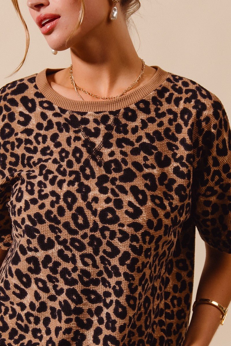 SO ME Leopard Thermal Waffle Knit Loose Fit Top - Wow Store