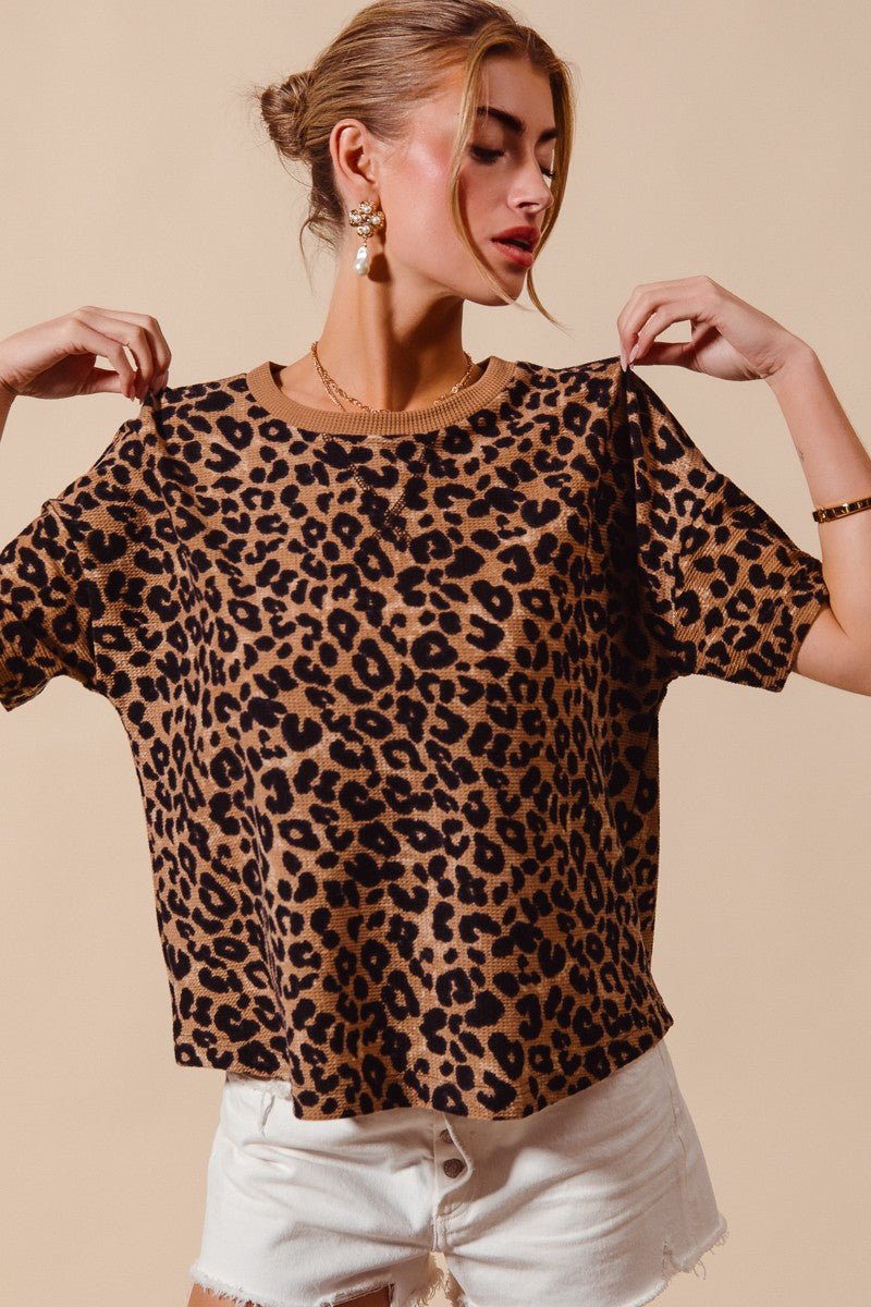 SO ME Leopard Thermal Waffle Knit Loose Fit Top - Wow Store