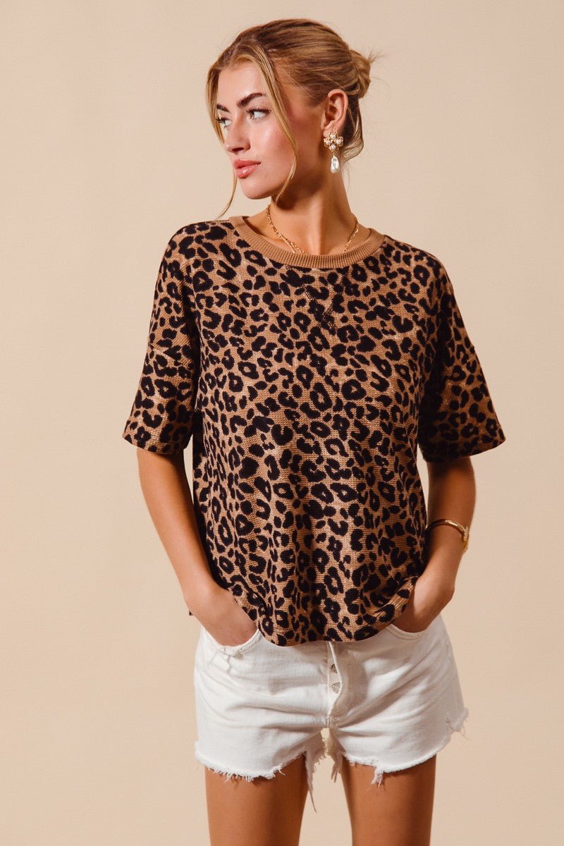 SO ME Leopard Thermal Waffle Knit Loose Fit Top in bold print — cozy knitwear statement piece