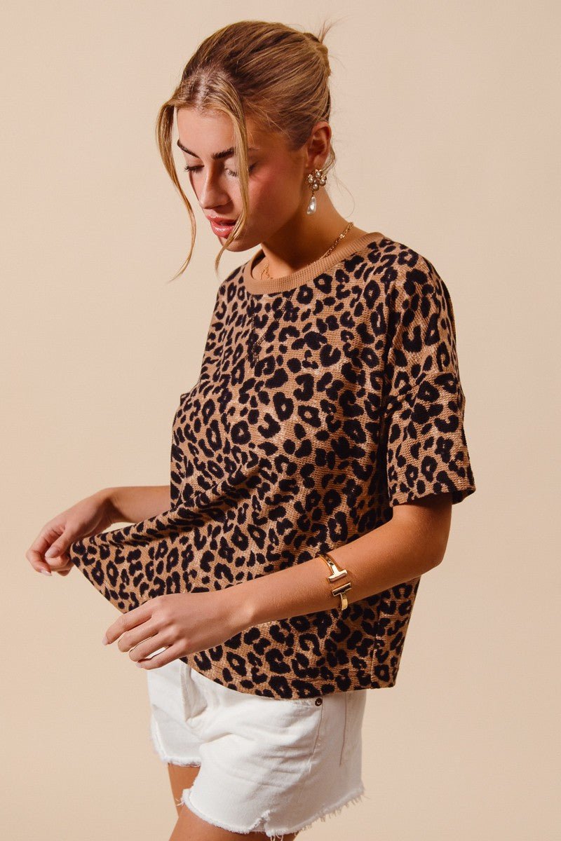 SO ME Leopard Thermal Waffle Knit Loose Fit Top - Wow Store