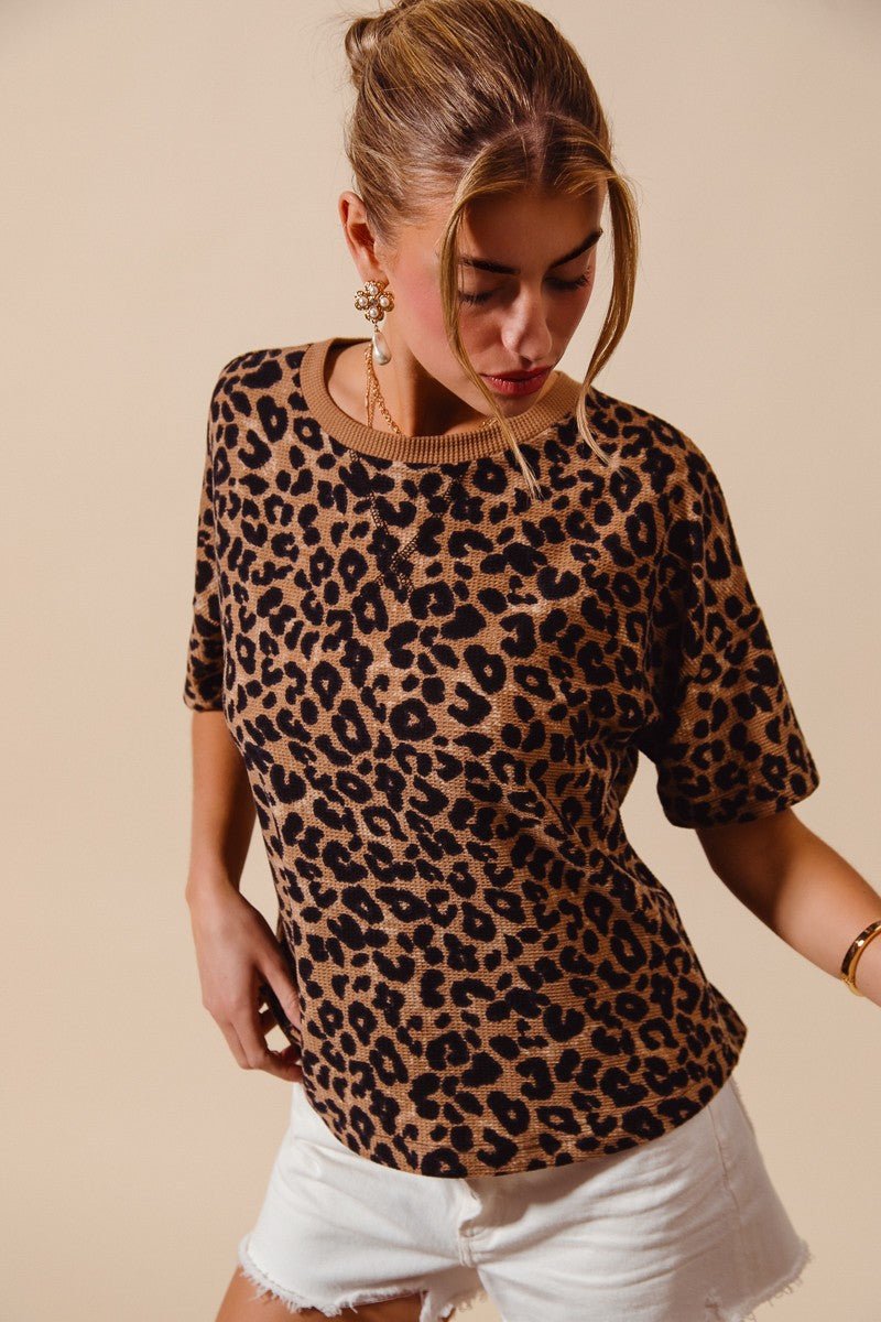 SO ME Leopard Thermal Waffle Knit Loose Fit Top - Wow Store