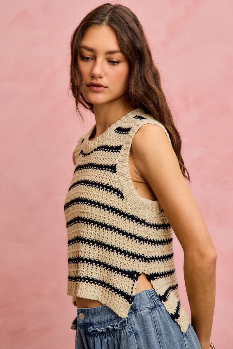 SO ME Low Gauge Textured Stripe Sleeveless Sweater Top - Wow Store