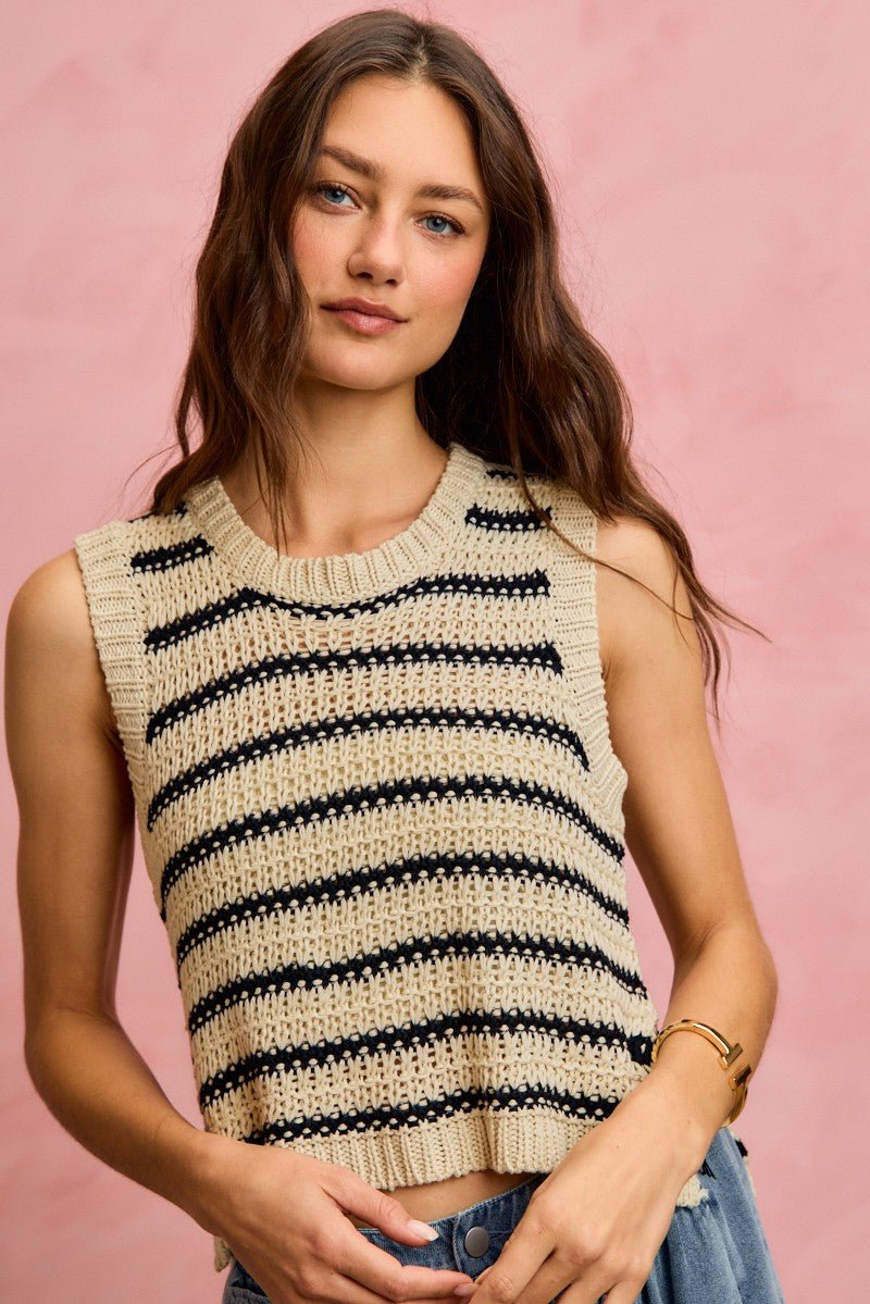 SO ME Low Gauge Textured Stripe Sleeveless Sweater Top - Wow Store
