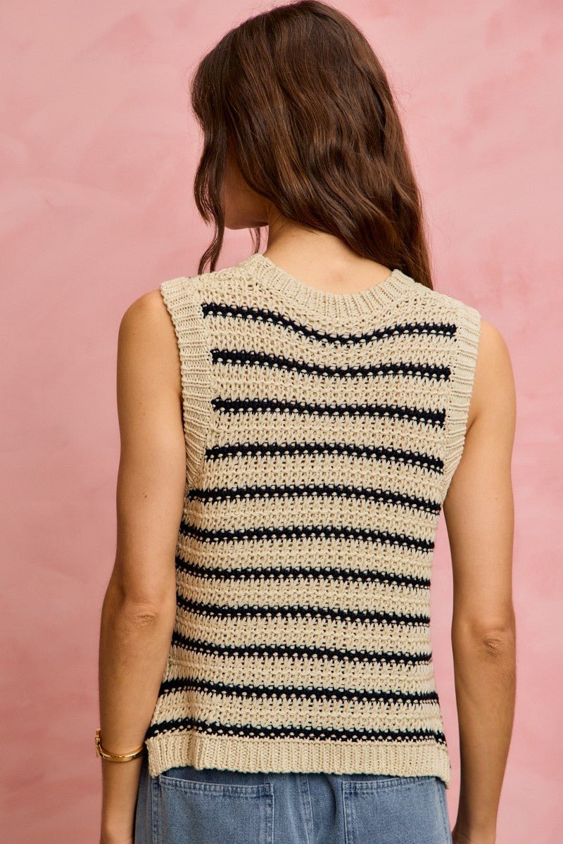 SO ME Low Gauge Textured Stripe Sleeveless Sweater Top - Wow Store