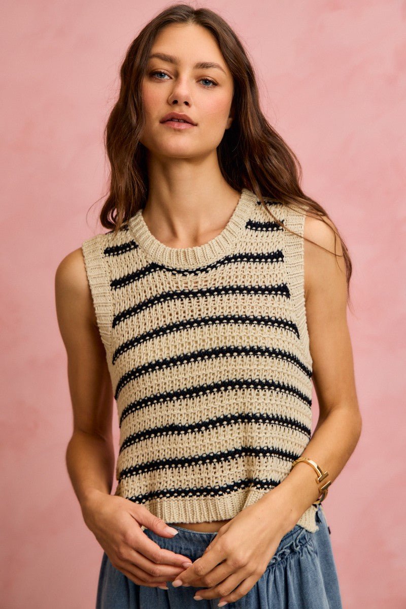 SO ME Low Gauge Textured Stripe Sleeveless Sweater Top - Wow Store