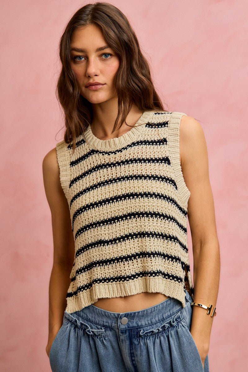 SO ME Low Gauge Textured Stripe Sleeveless Sweater Top - Wow Store