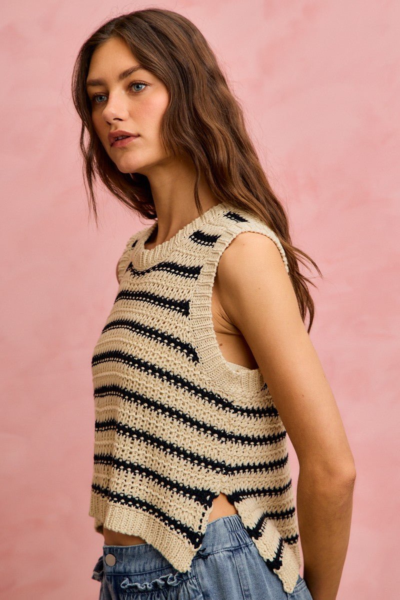 SO ME Low Gauge Textured Stripe Sleeveless Sweater Top - Wow Store