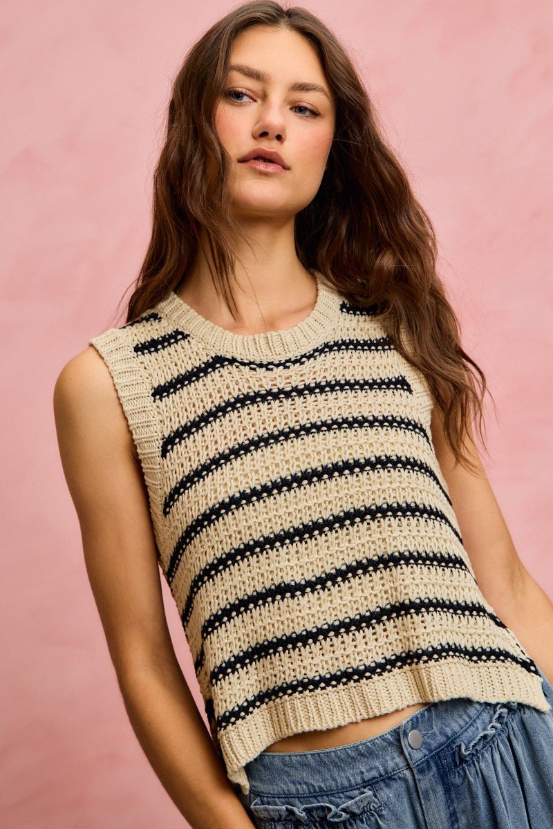 SO ME Low Gauge Textured Stripe Sleeveless Sweater Top - Wow Store