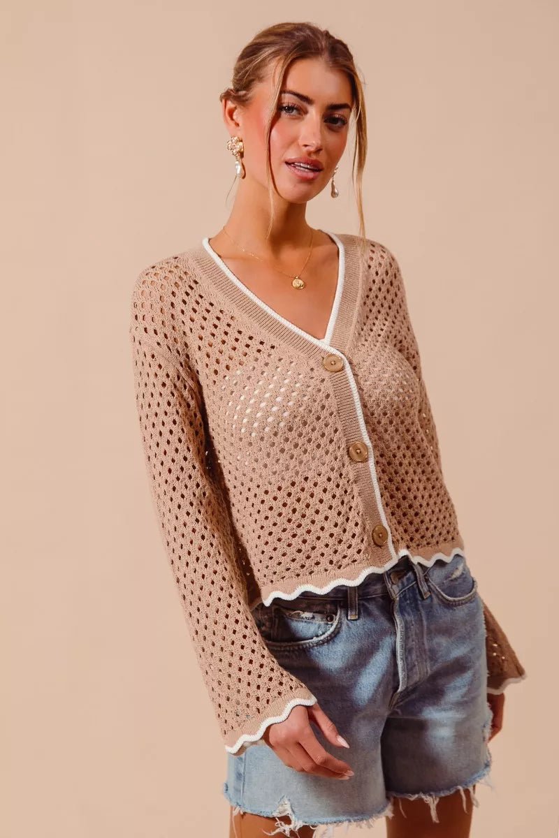 SO ME Open Knit Lightweight Cardigan with Scallop Edge - WowStore.live