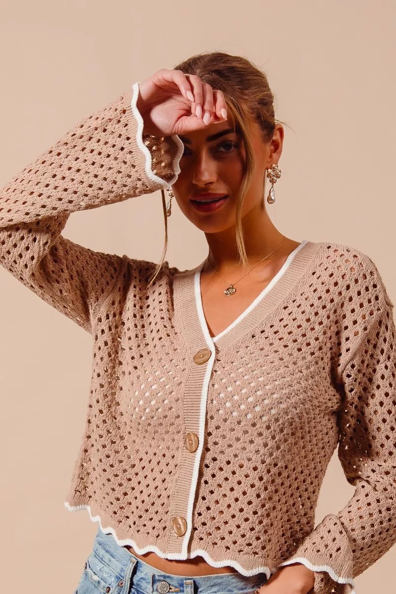 SO ME Open Knit Lightweight Cardigan with Scallop Edge - WowStore.live