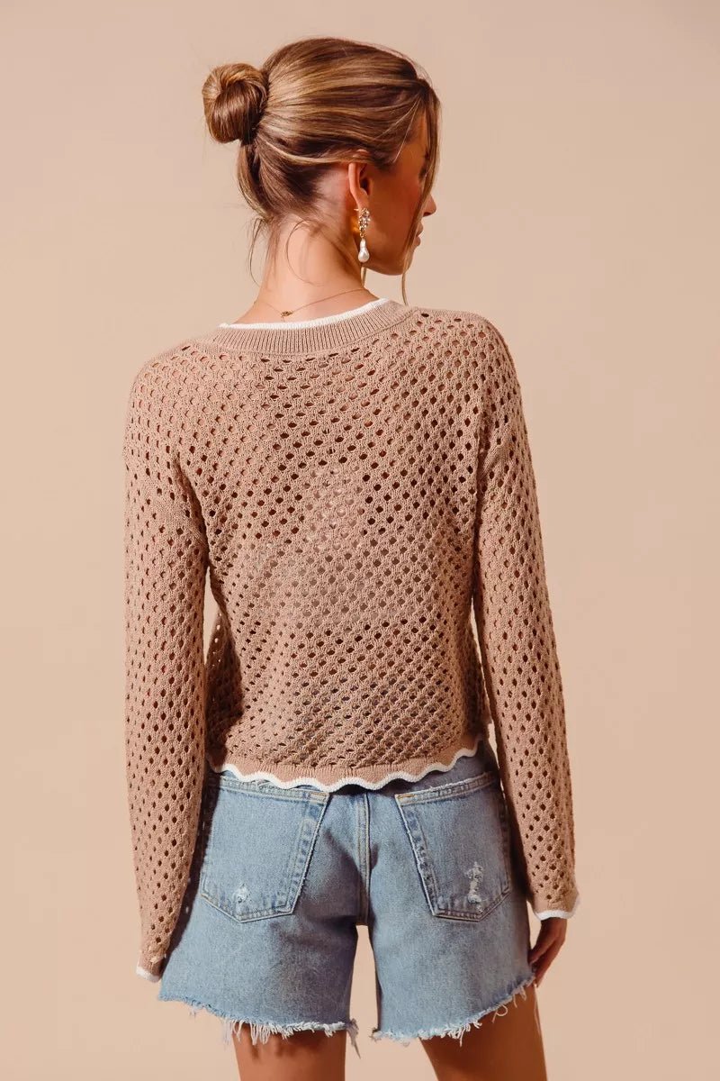 SO ME Open Knit Lightweight Cardigan with Scallop Edge - WowStore.live