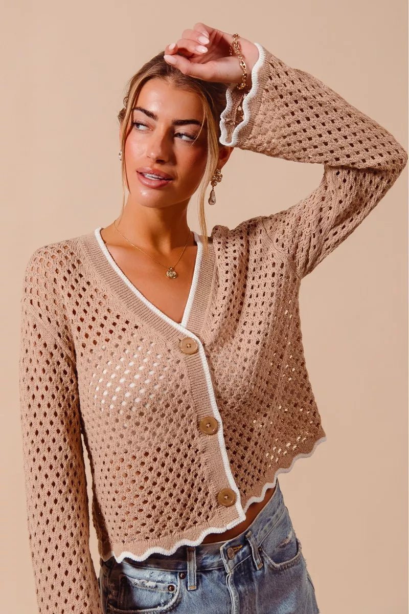 SO ME Open Knit Lightweight Cardigan with Scallop Edge - WowStore.live