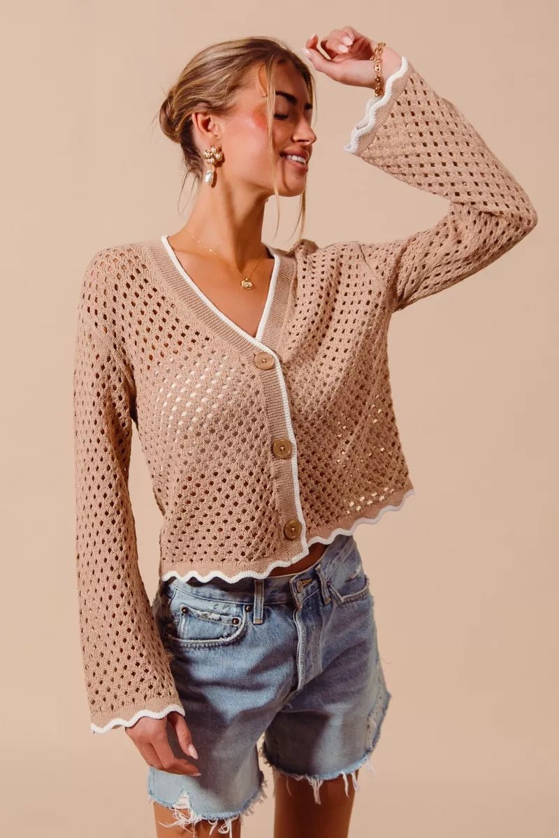 SO ME Open Knit Lightweight Cardigan with Scallop Edge - WowStore.live