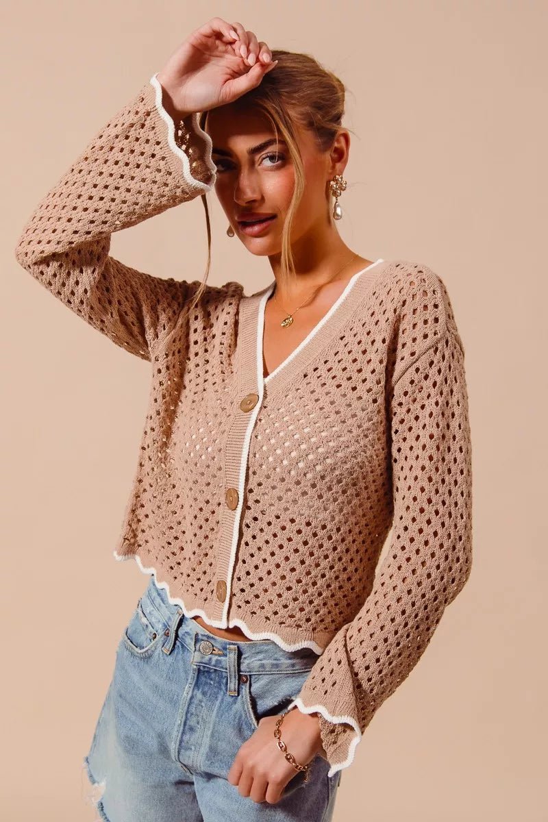 SO ME Open Knit Lightweight Cardigan with Scallop Edge - WowStore.live