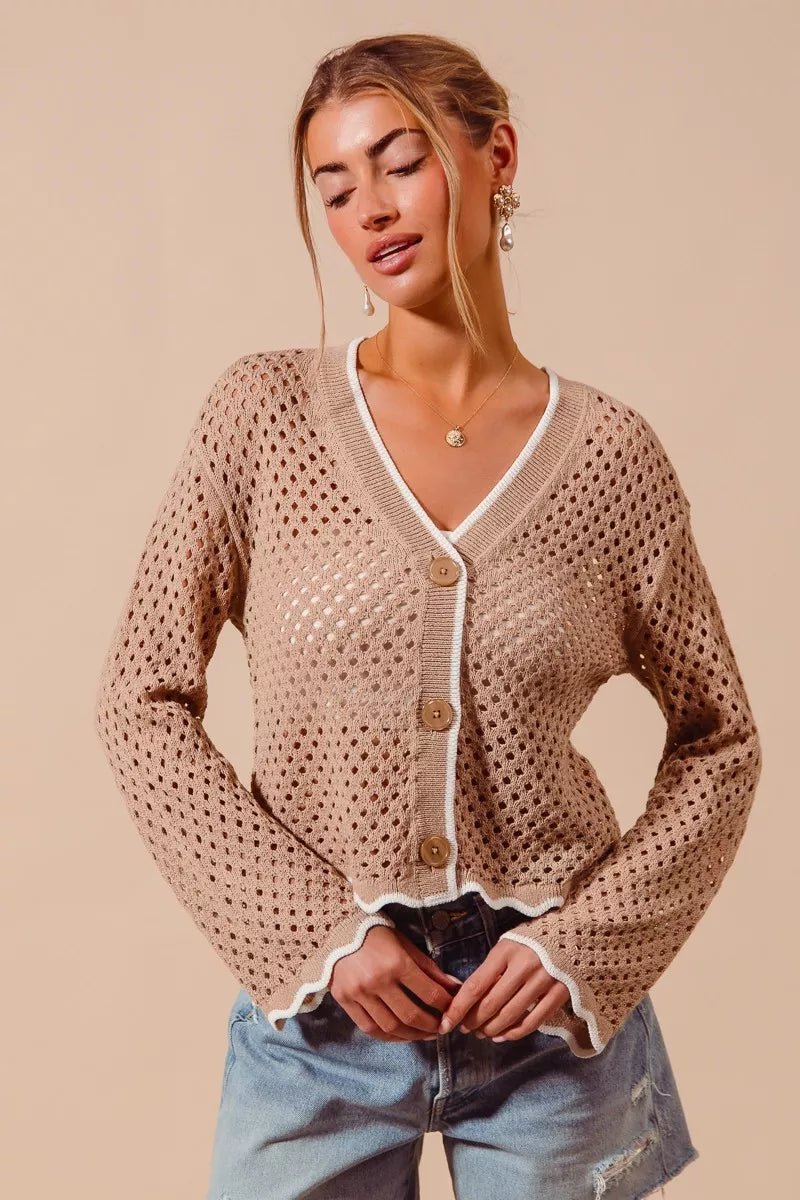 SO ME Open Knit Lightweight Cardigan with Scallop Edge - WowStore.live
