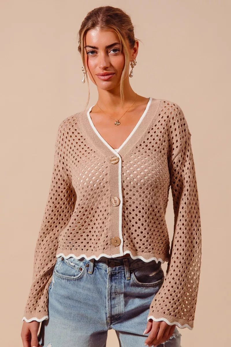 SO ME Open Knit Lightweight Cardigan with Scallop Edge - WowStore.live