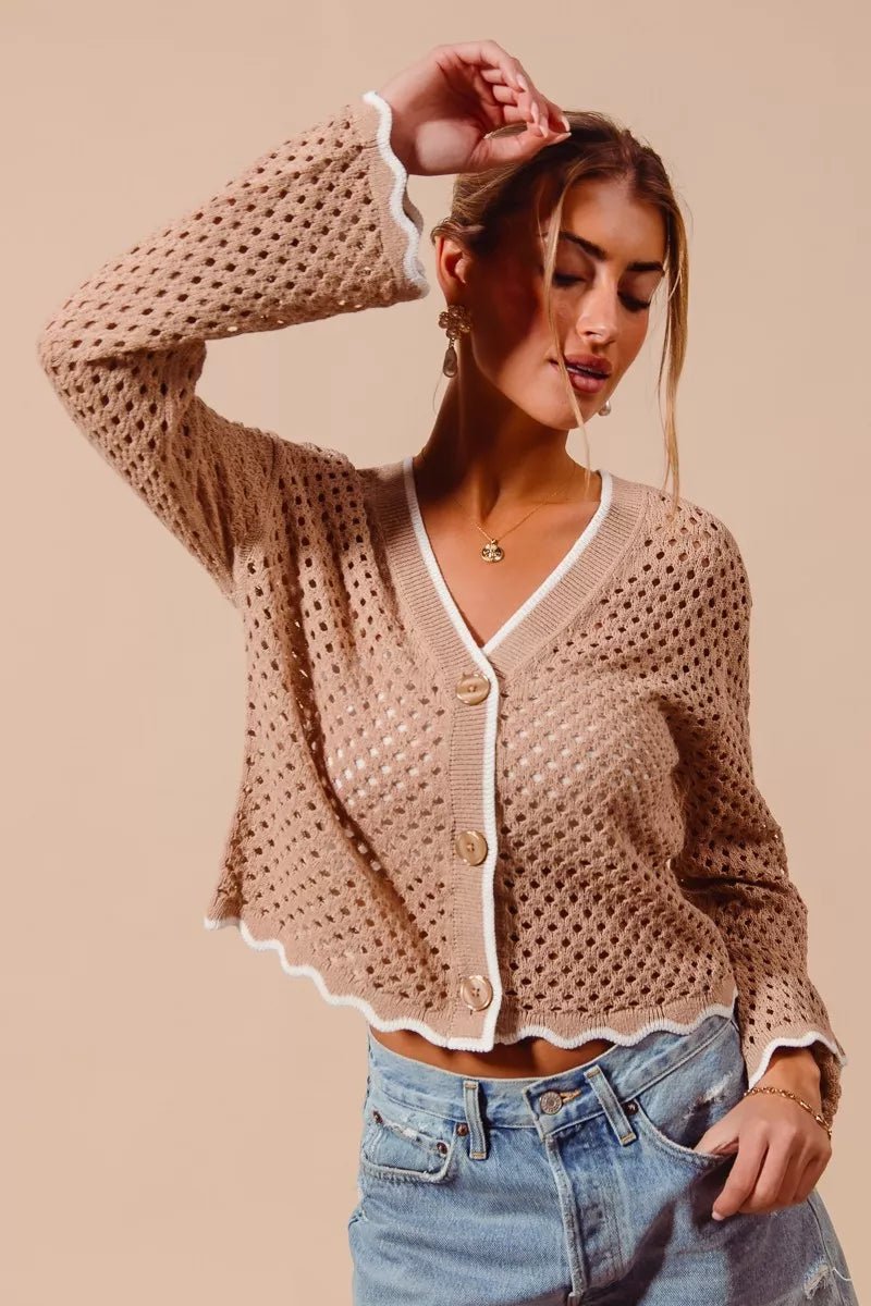 SO ME Open Knit Lightweight Cardigan with Scallop Edge - WowStore.live