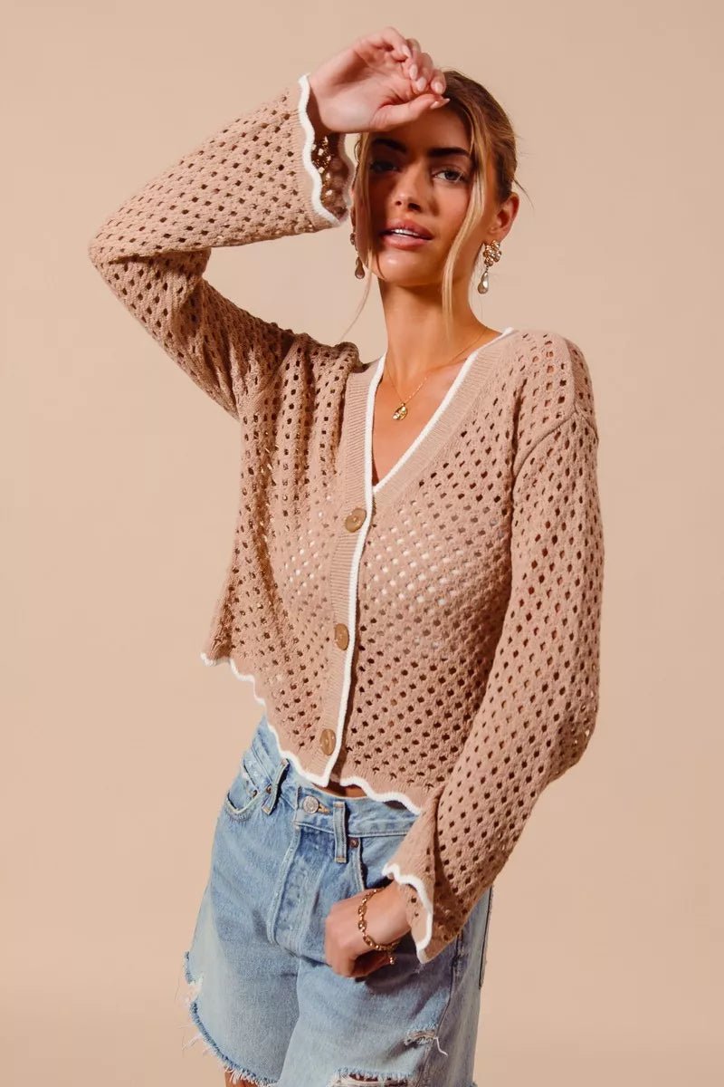 SO ME Open Knit Lightweight Cardigan with Scallop Edge - WowStore.live