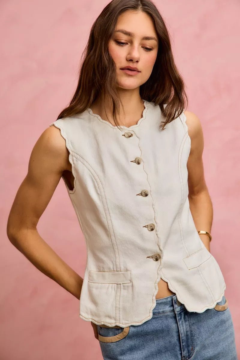 SO ME Scalloped Edge Cotton Twill Washed Vest Top - Wow Store