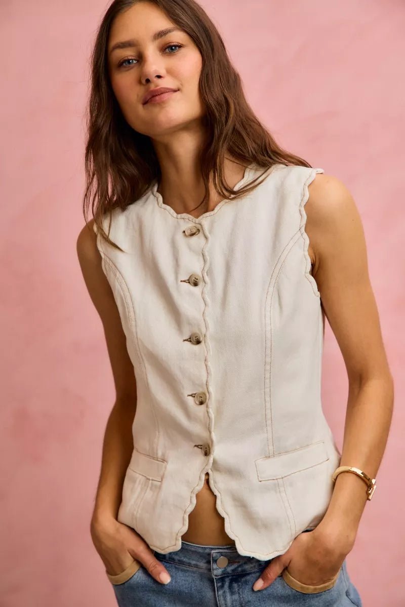 SO ME Scalloped Edge Cotton Twill Washed Vest Top - Wow Store