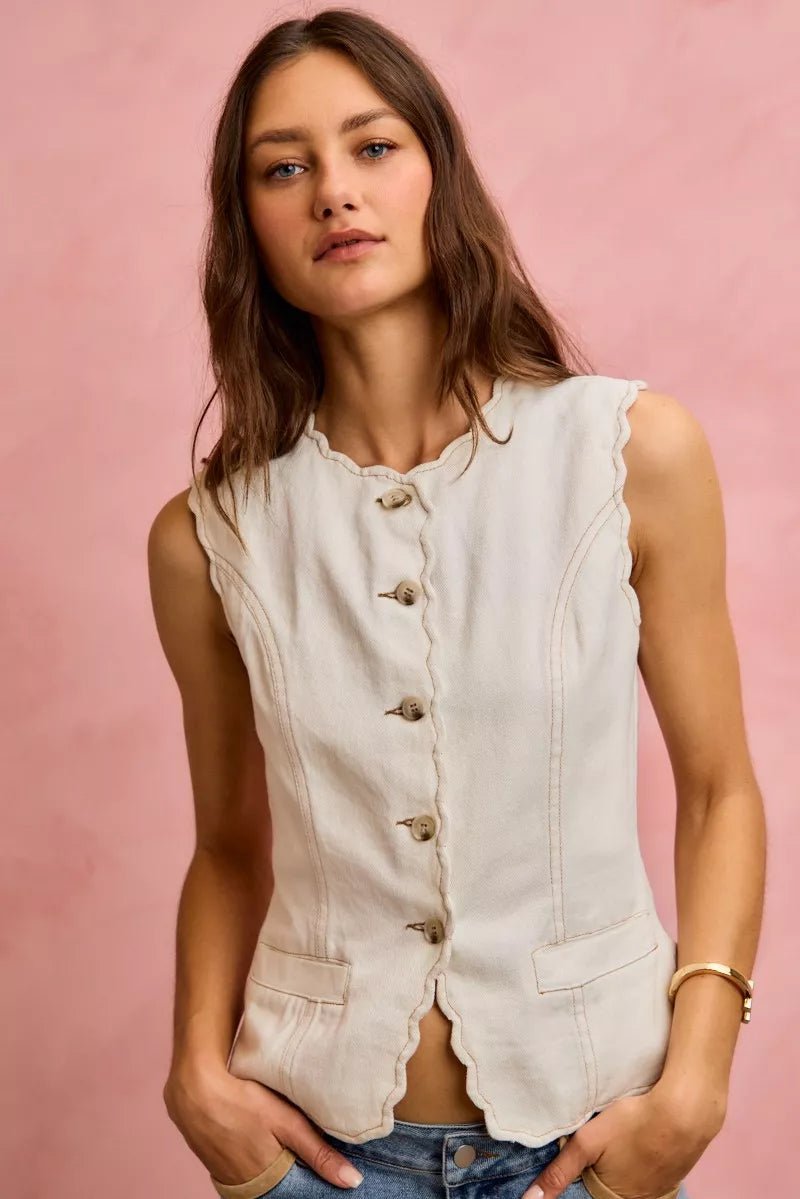 SO ME Scalloped Edge Cotton Twill Washed Vest Top - Wow Store