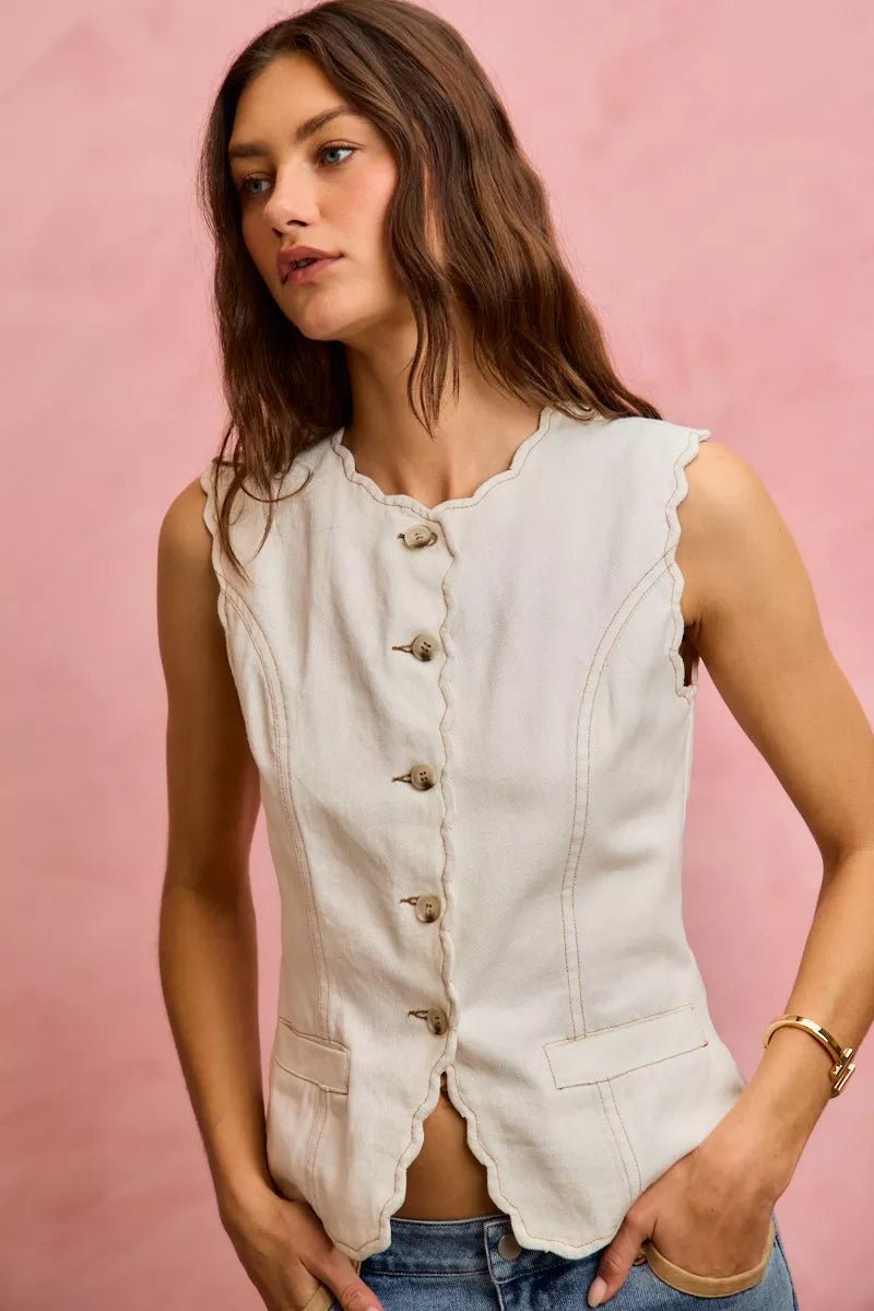 SO ME Scalloped Edge Cotton Twill Washed Vest Top - Wow Store