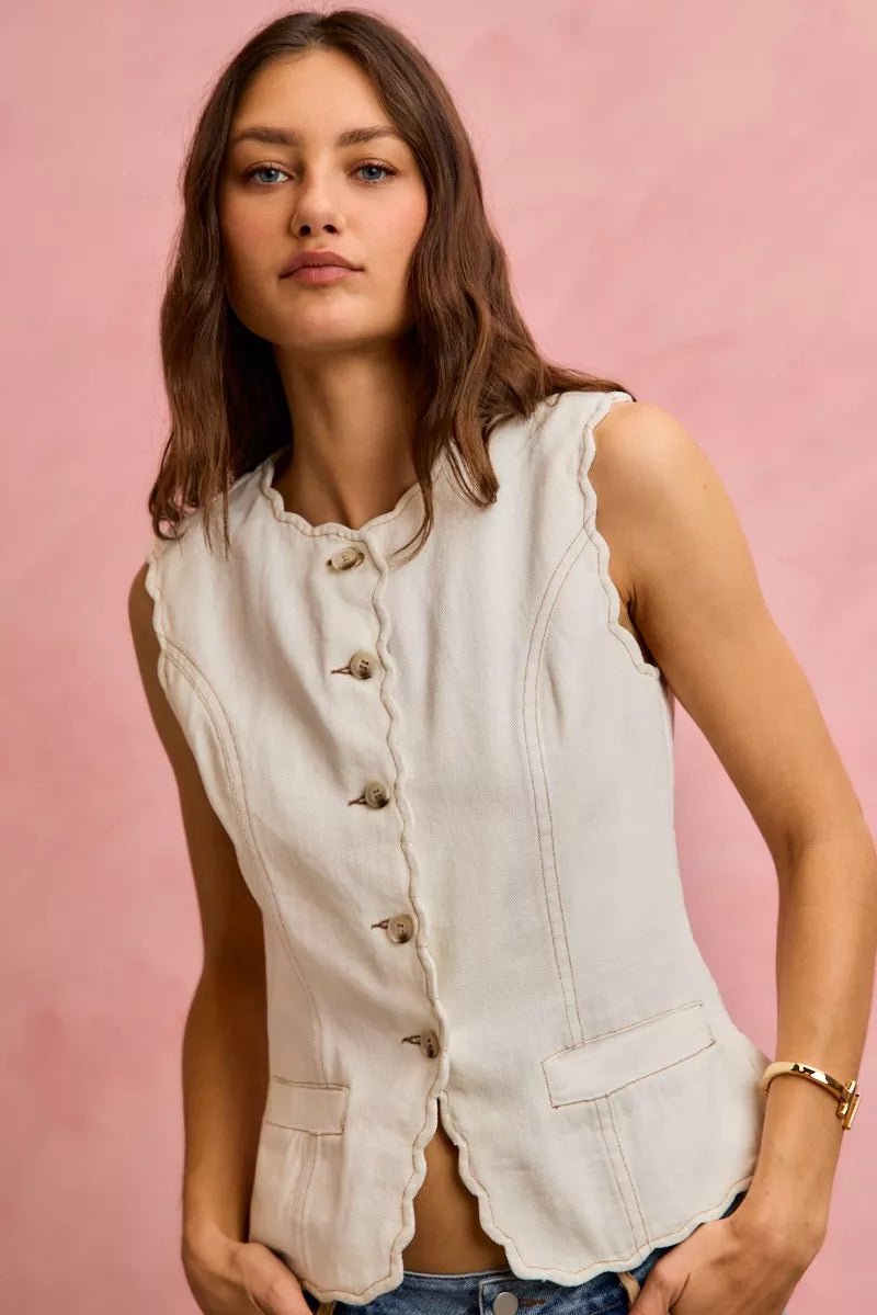 SO ME Scalloped Edge Cotton Twill Washed Vest Top - Wow Store