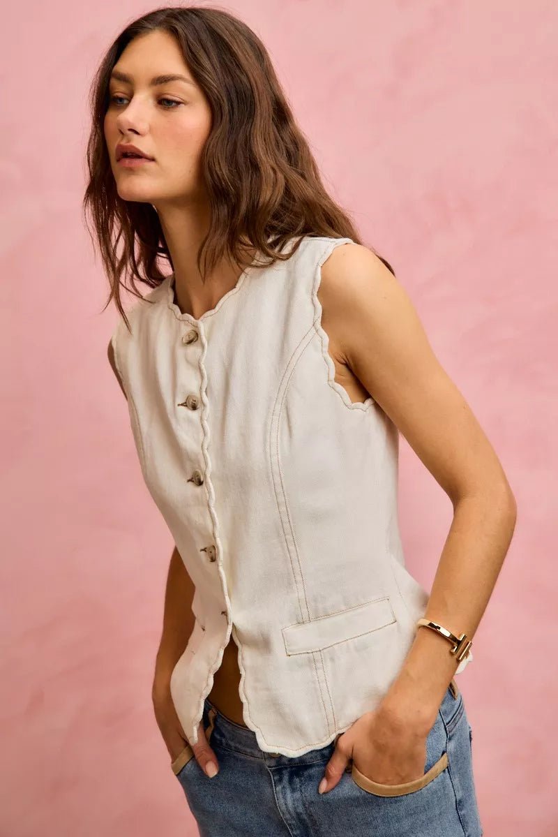 SO ME Scalloped Edge Cotton Twill Washed Vest Top - Wow Store