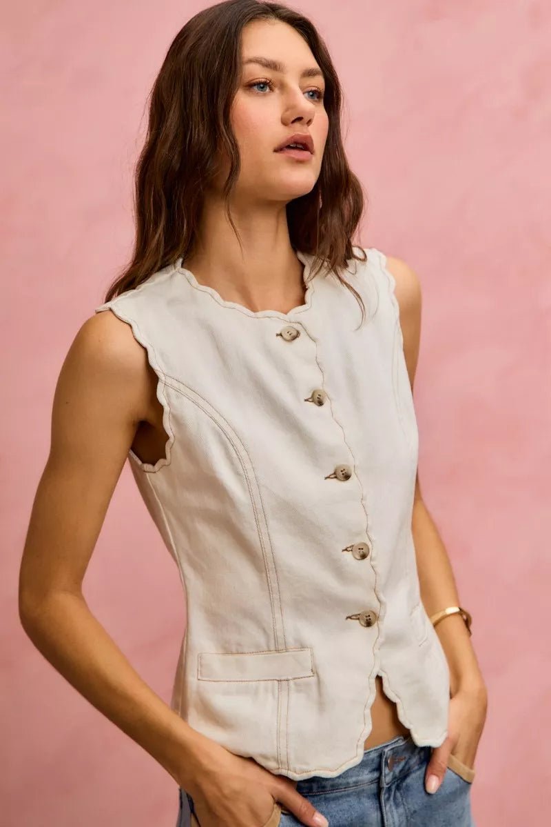 SO ME Scalloped Edge Cotton Twill Washed Vest Top - Wow Store