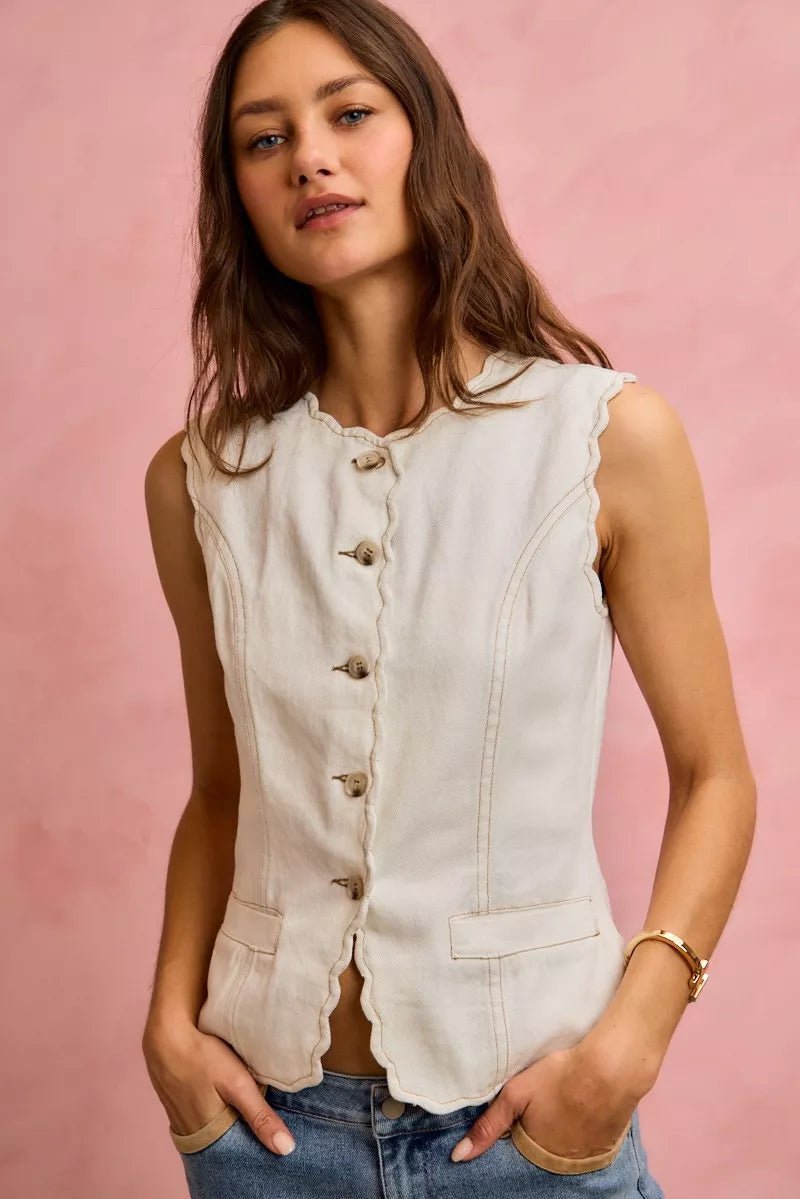 SO ME Scalloped Edge Cotton Twill Washed Vest Top - Wow Store