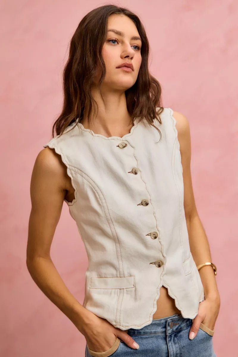 SO ME Scalloped Edge Cotton Twill Washed Vest Top - Wow Store