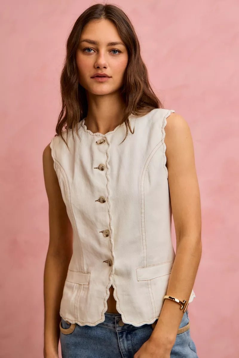 SO ME Scalloped Edge Cotton Twill Washed Vest Top - Wow Store