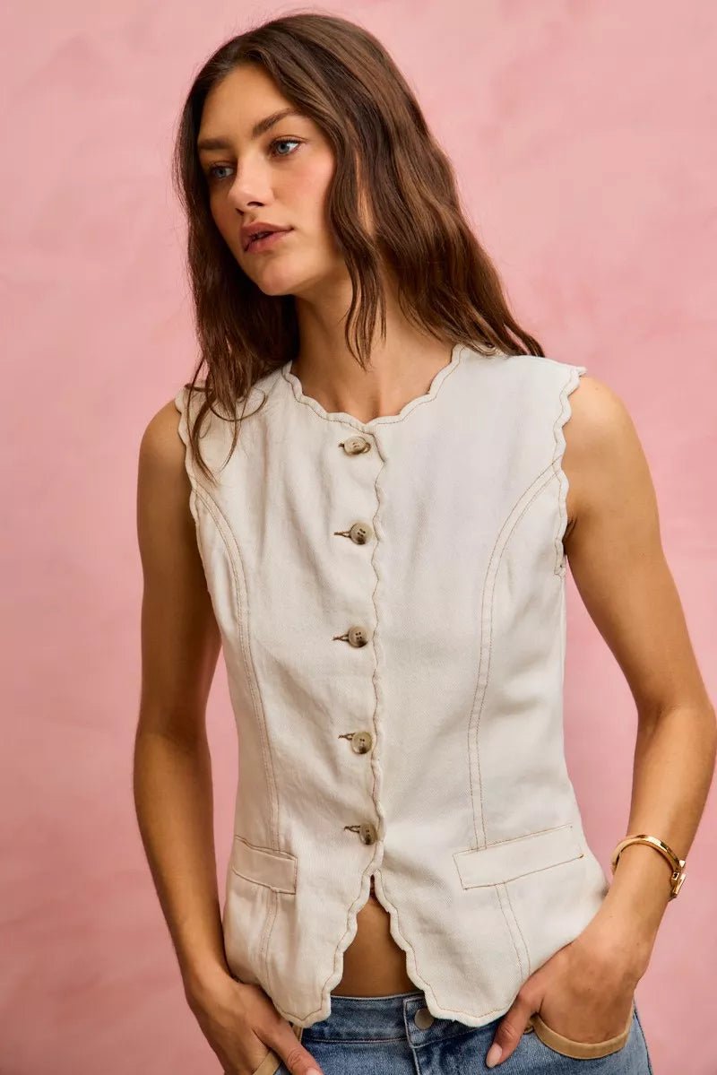 SO ME Scalloped Edge Cotton Twill Washed Vest Top - Wow Store