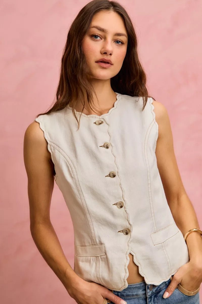 SO ME Scalloped Edge Cotton Twill Washed Vest Top in soft washed cotton twill with delicate scalloped neckline and relaxed fi