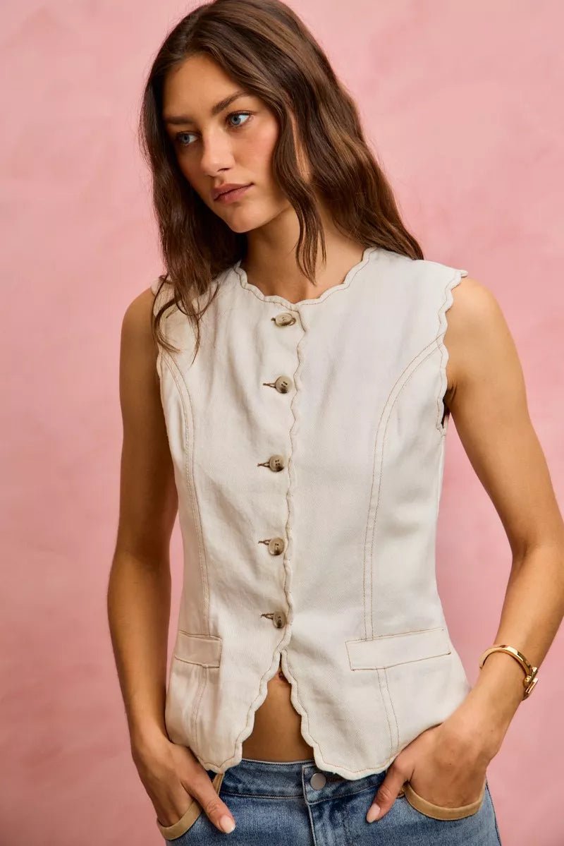 SO ME Scalloped Edge Cotton Twill Washed Vest Top - Wow Store