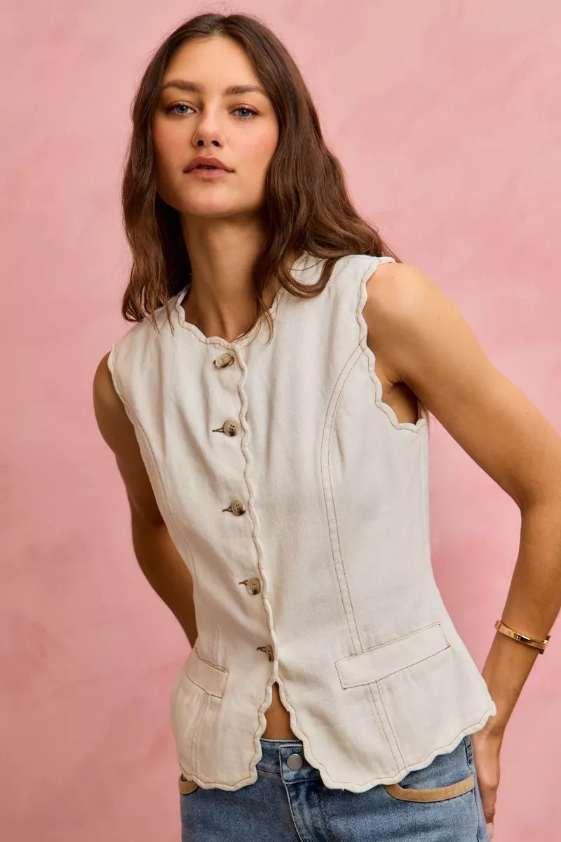 SO ME Scalloped Edge Cotton Twill Washed Vest Top - Wow Store