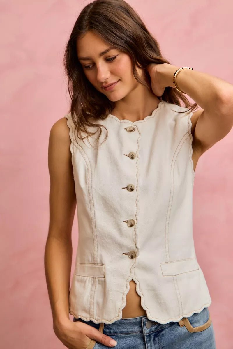 SO ME Scalloped Edge Cotton Twill Washed Vest Top - Wow Store