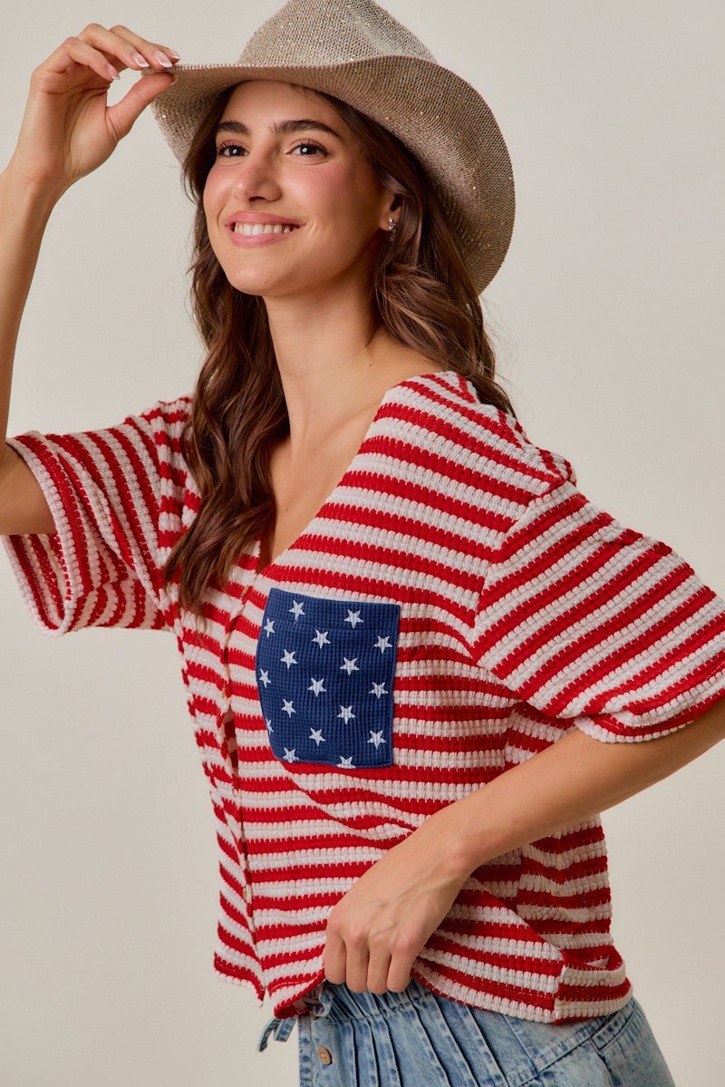 SO ME Stripe Waffle Knit Fourth Of July Cardigan Top - Wow Store