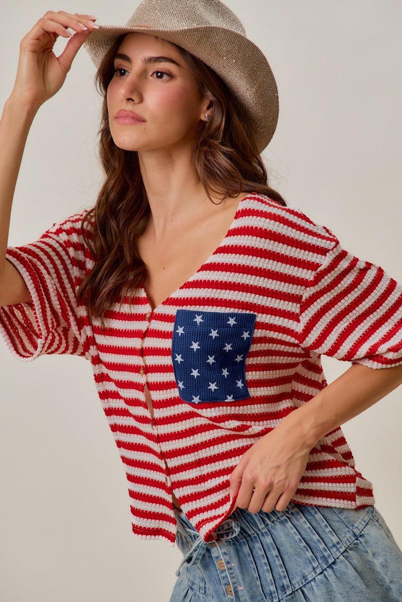 SO ME Stripe Waffle Knit Fourth Of July Cardigan Top - Wow Store
