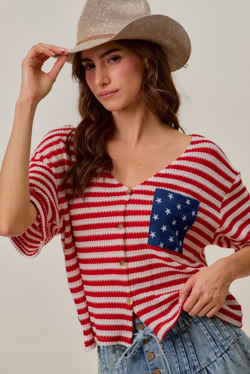 SO ME Stripe Waffle Knit Fourth Of July Cardigan Top - Wow Store