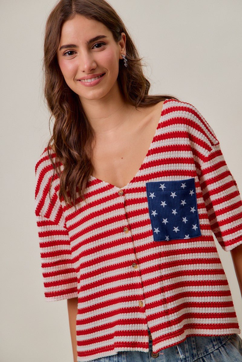 SO ME Stripe Waffle Knit Fourth Of July Cardigan Top - Wow Store