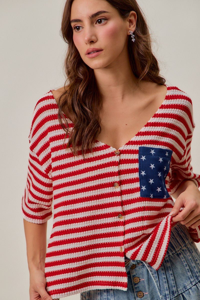 SO ME Stripe Waffle Knit Fourth of July Cardigan Top in red, white, and blue stripes on a model