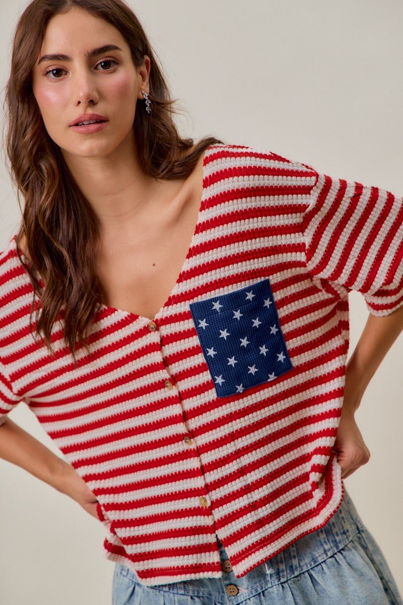 SO ME Stripe Waffle Knit Fourth Of July Cardigan Top - Wow Store