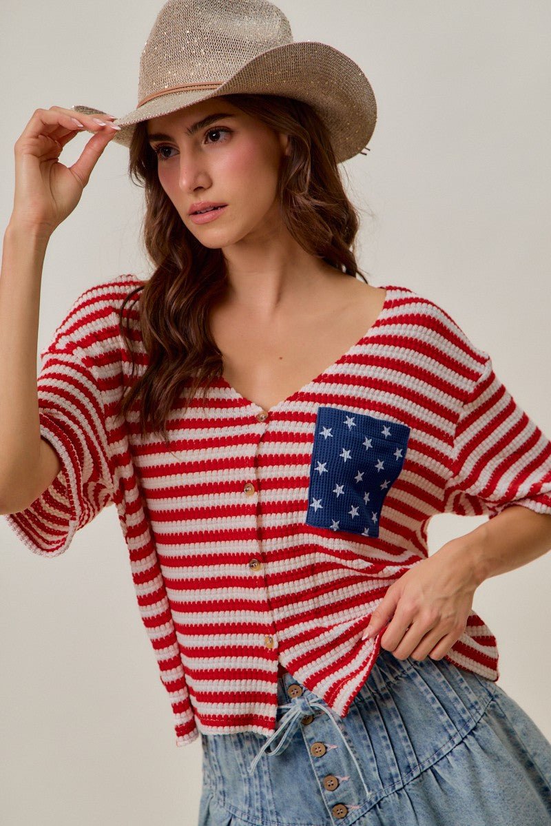 SO ME Stripe Waffle Knit Fourth Of July Cardigan Top - Wow Store